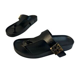 Tory Burch Mellow T-Strap Thong Sandal Size 7.5M Leather Black Slip On Open Toe